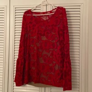 Red top with built-in beige colored camisole